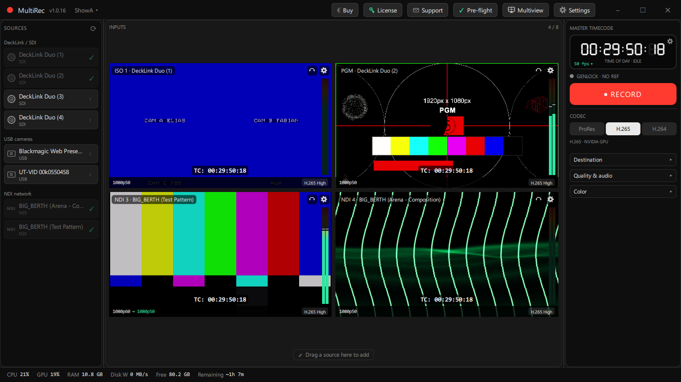 MultiRec operator screen with four live input previews