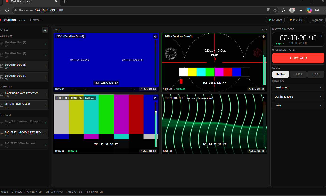 MultiRec web remote running in a browser — sources, live input previews with audio meters, master timecode and record control